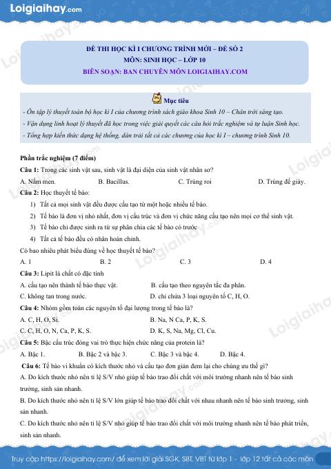Đề thi học kì 1 Sinh 10 Chân trời sáng tạo - Đề số 2